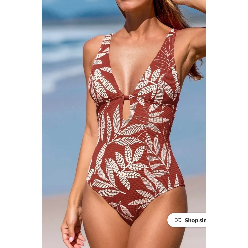 Cupshe Rust Red Floral Textured One Piece Swimsuit XL‎ O-Ring Back Beachy